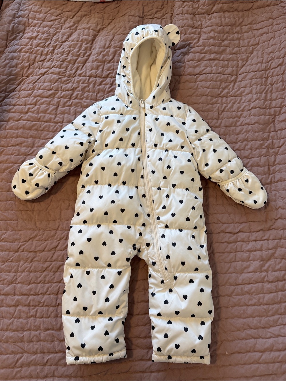 Old Navy White Puffer Baby Snowsuit with Black Heart Print